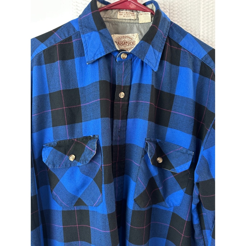 Vintage Dry Goods Saugatuck Plaid‎ Flannel Shirt Men's L Blue Black Check Button - Picture 2 of 10